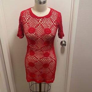 Red crochet mini dress